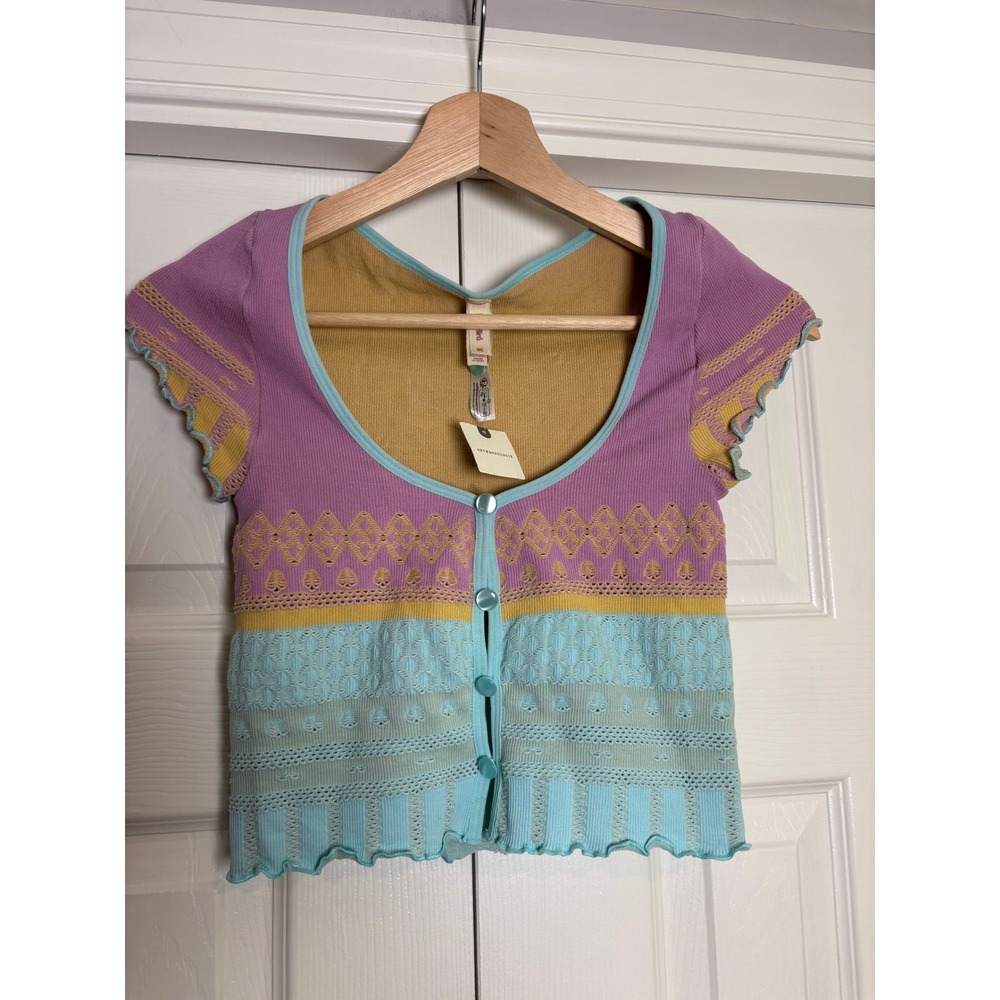Anthropologie Lyrebird Colorblock Pointelle Knit Button Front Top S/M New